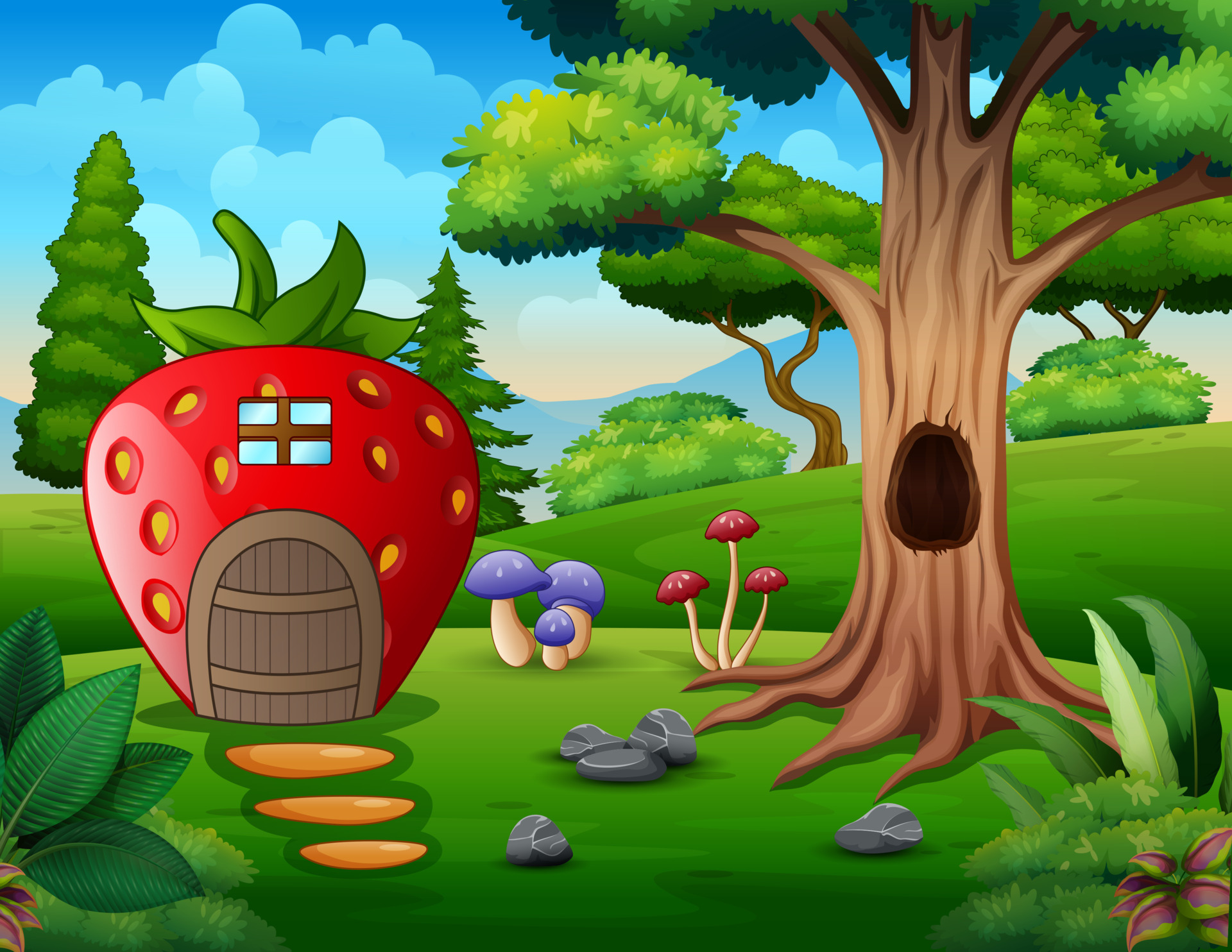 Cartoon strawberry house near the hollow tree 6635371 Vector Art at Vecteezy Cartoon strawberry house near the hollow tree 6635371 Vector Art at Vecteezy