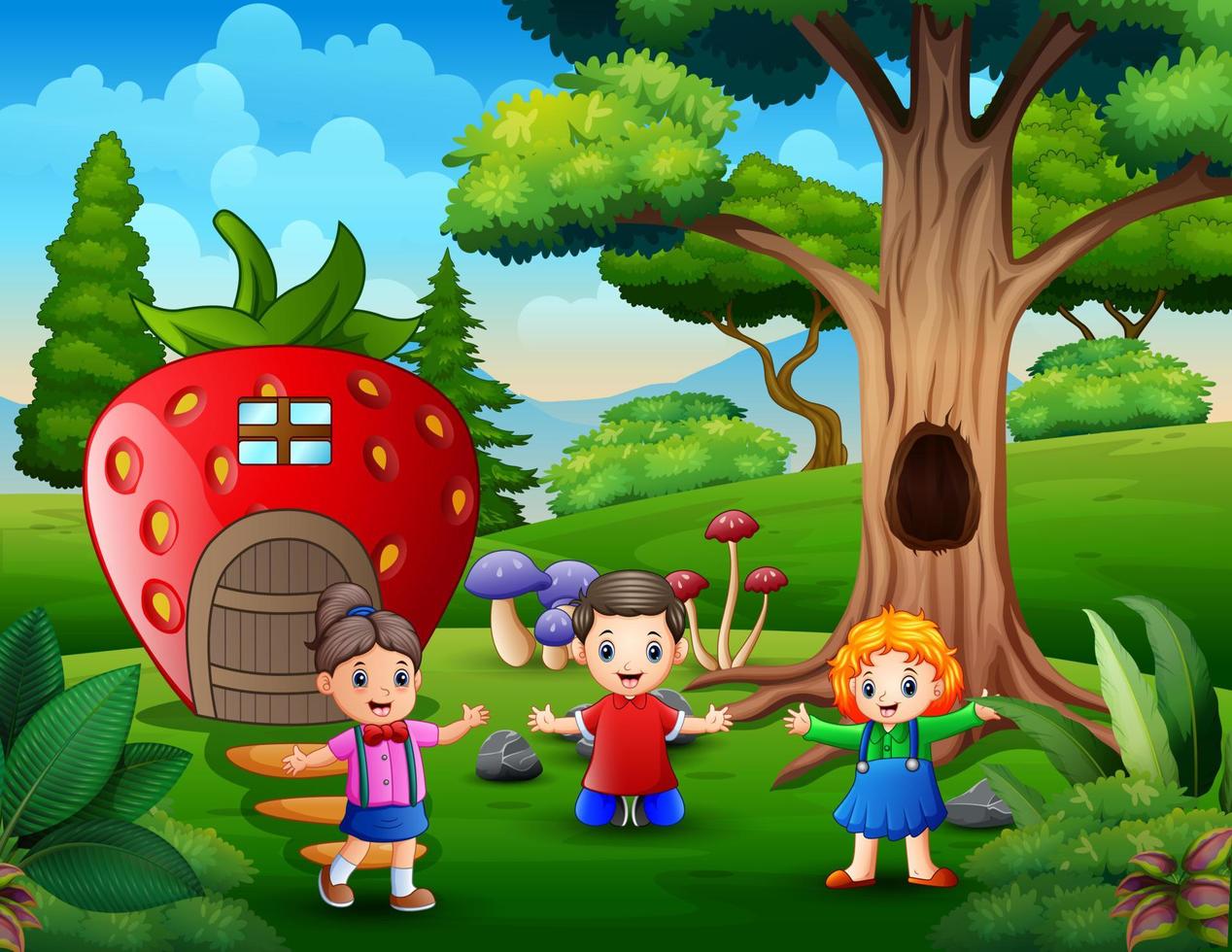 Happy children playing by the fantasy strawberry house vector