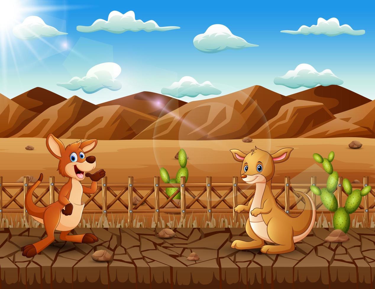Cartoon kangaroos in the dry land landscape vector