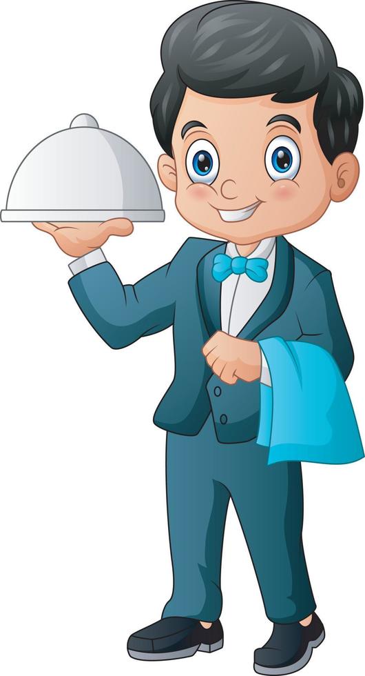 Male waiter holding serving platter with dome vector