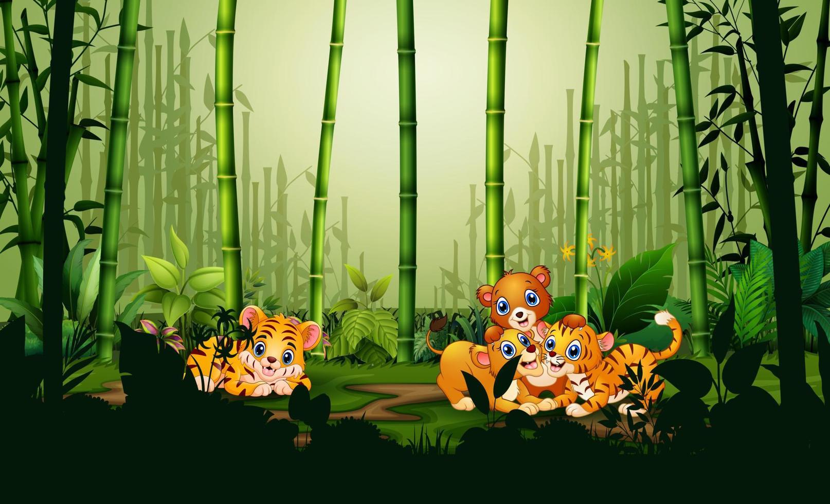 Cartoon illustration of many animal playing in the bamboo forest vector