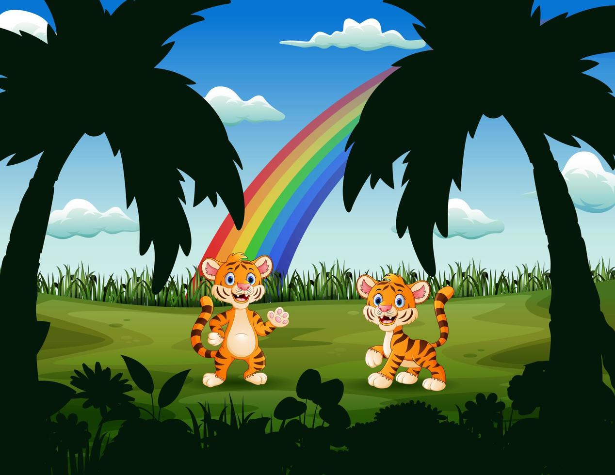 pequeños tigres felices en la hermosa naturaleza vector