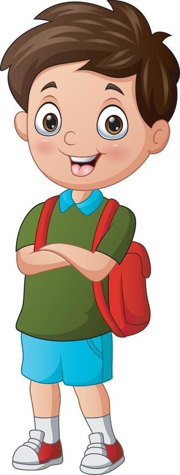 Happy school boy with a red backpack vector