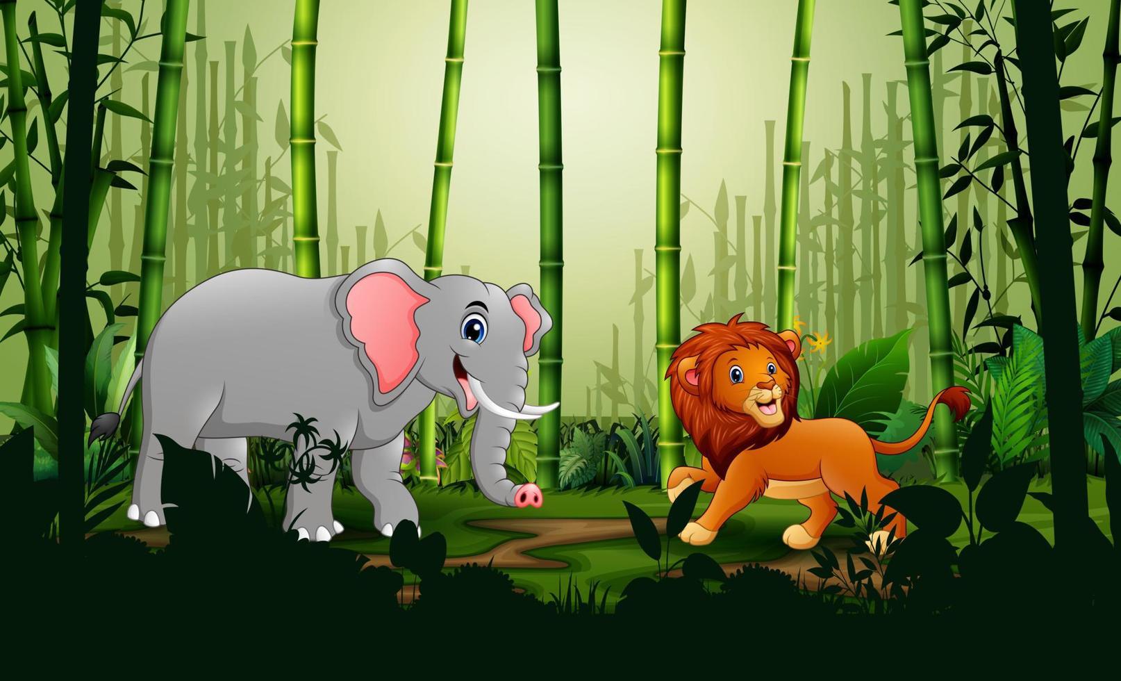 A lion and elephant in the bamboo forest landscape vector