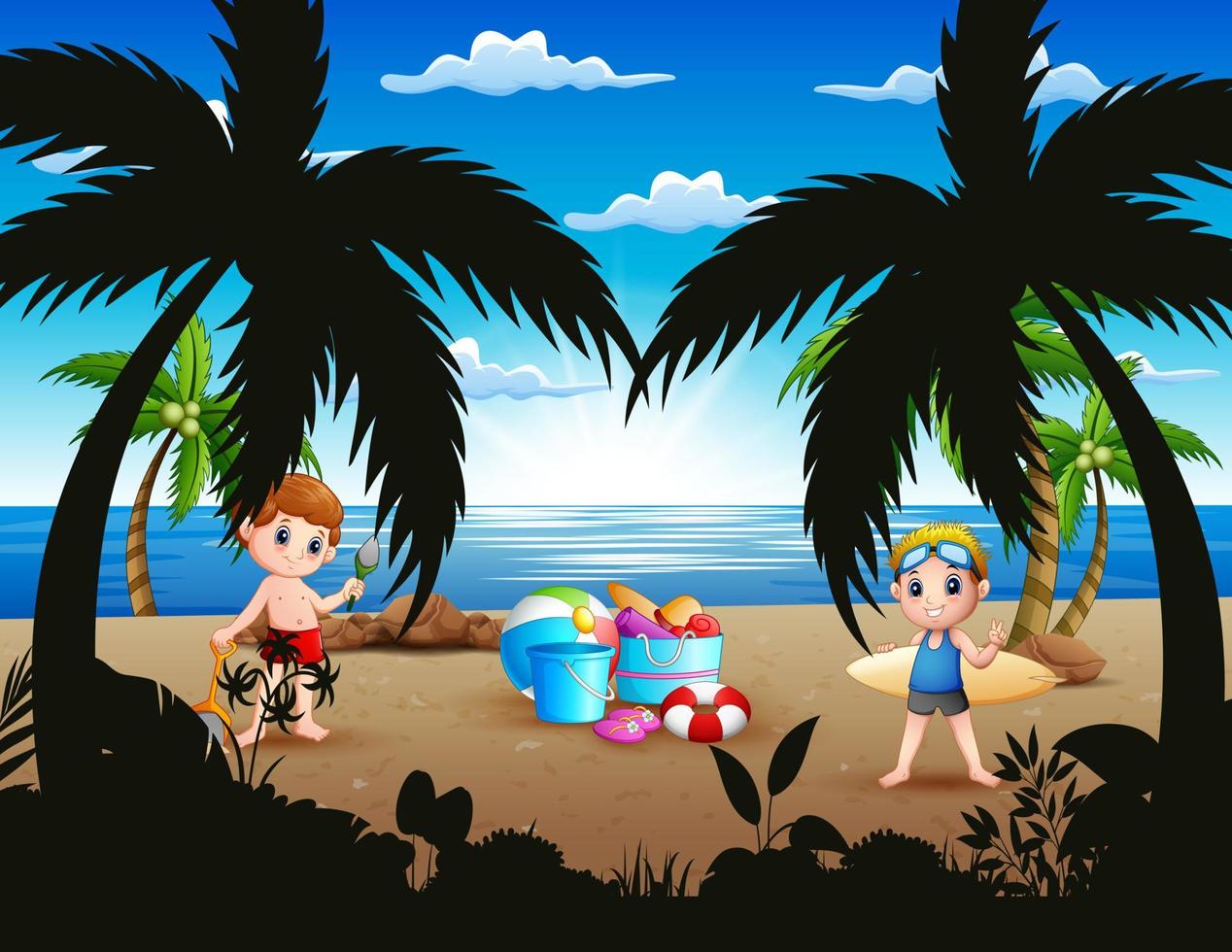 Cartoon of two boy playing on the beach vector