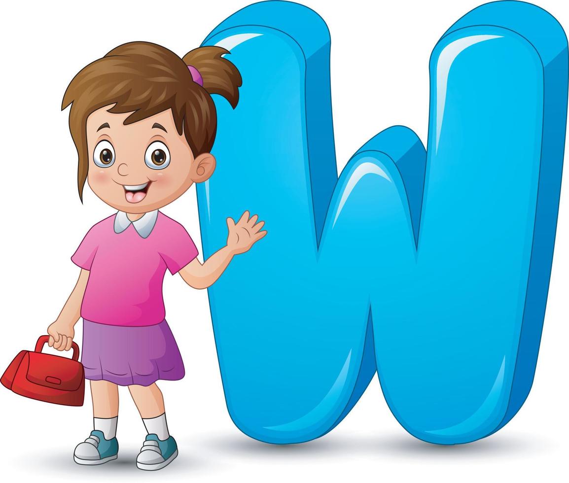 Illustration of alphabet W with a beautiful girl waving hand vector