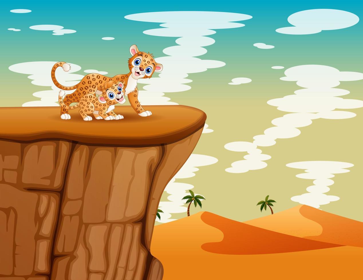 feliz una madre leopardo con su cachorro jugando en el acantilado vector