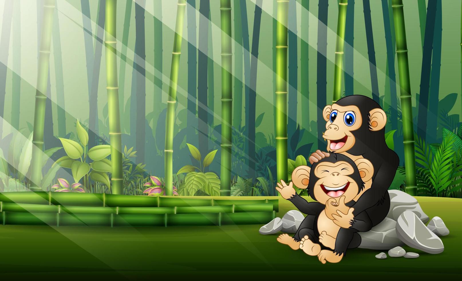 chimpancé feliz con su cachorro en el bosque de bambú vector