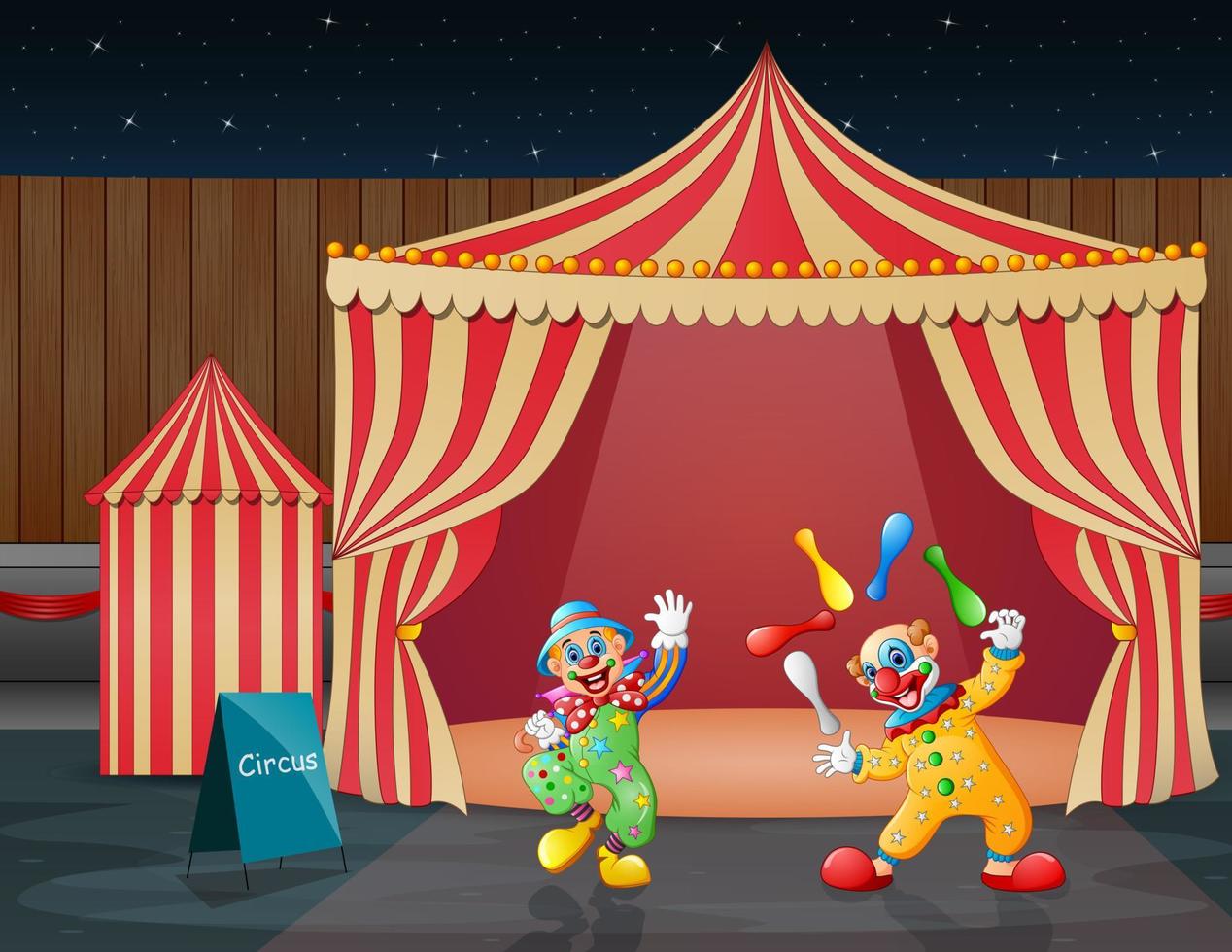 actuación de payasos felices en la carpa del circo vector