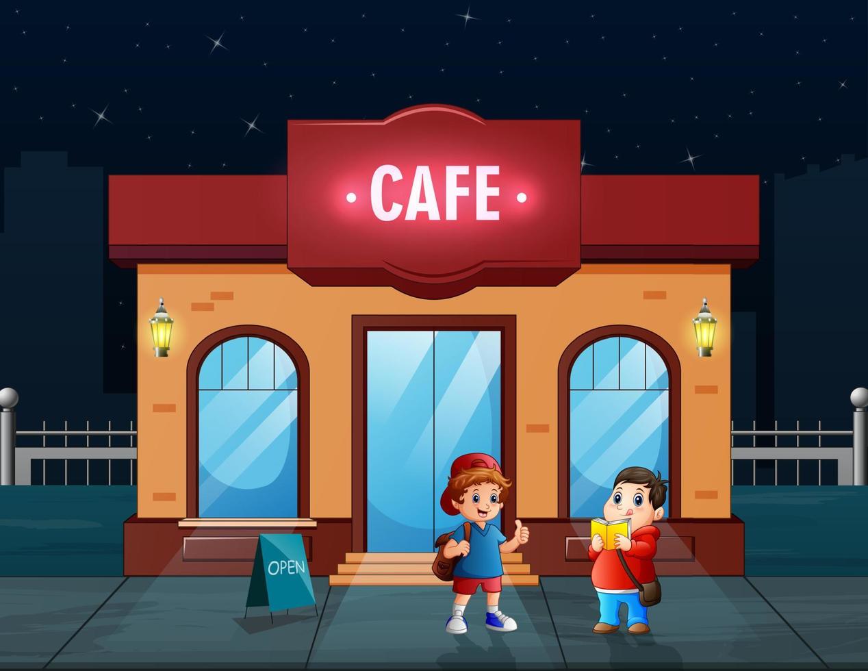 los niños felices compran comida en la ilustración del café vector