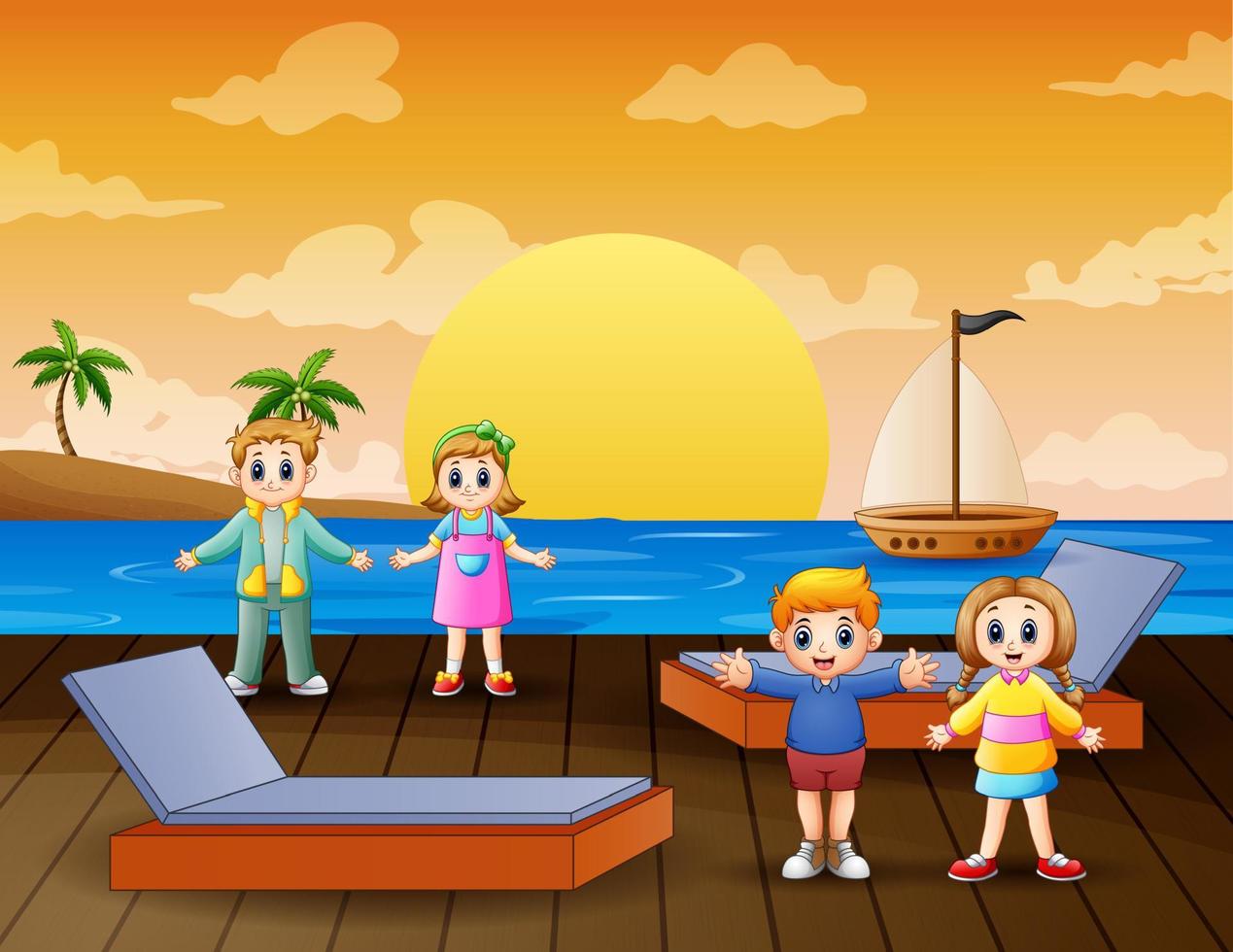 Happy children on the pier illustration vector