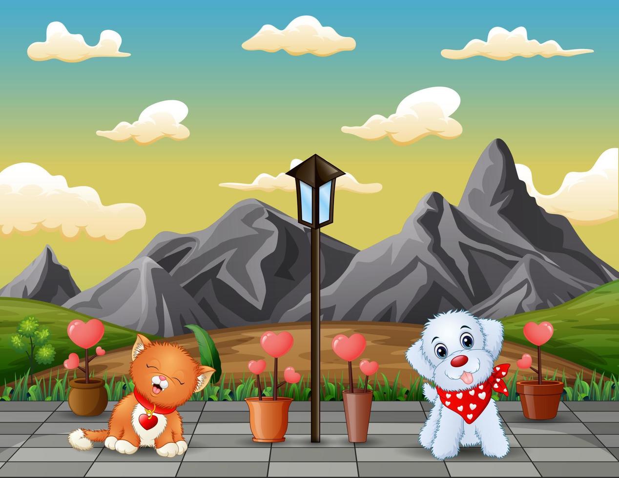 Cute a cat and dog in the park vector