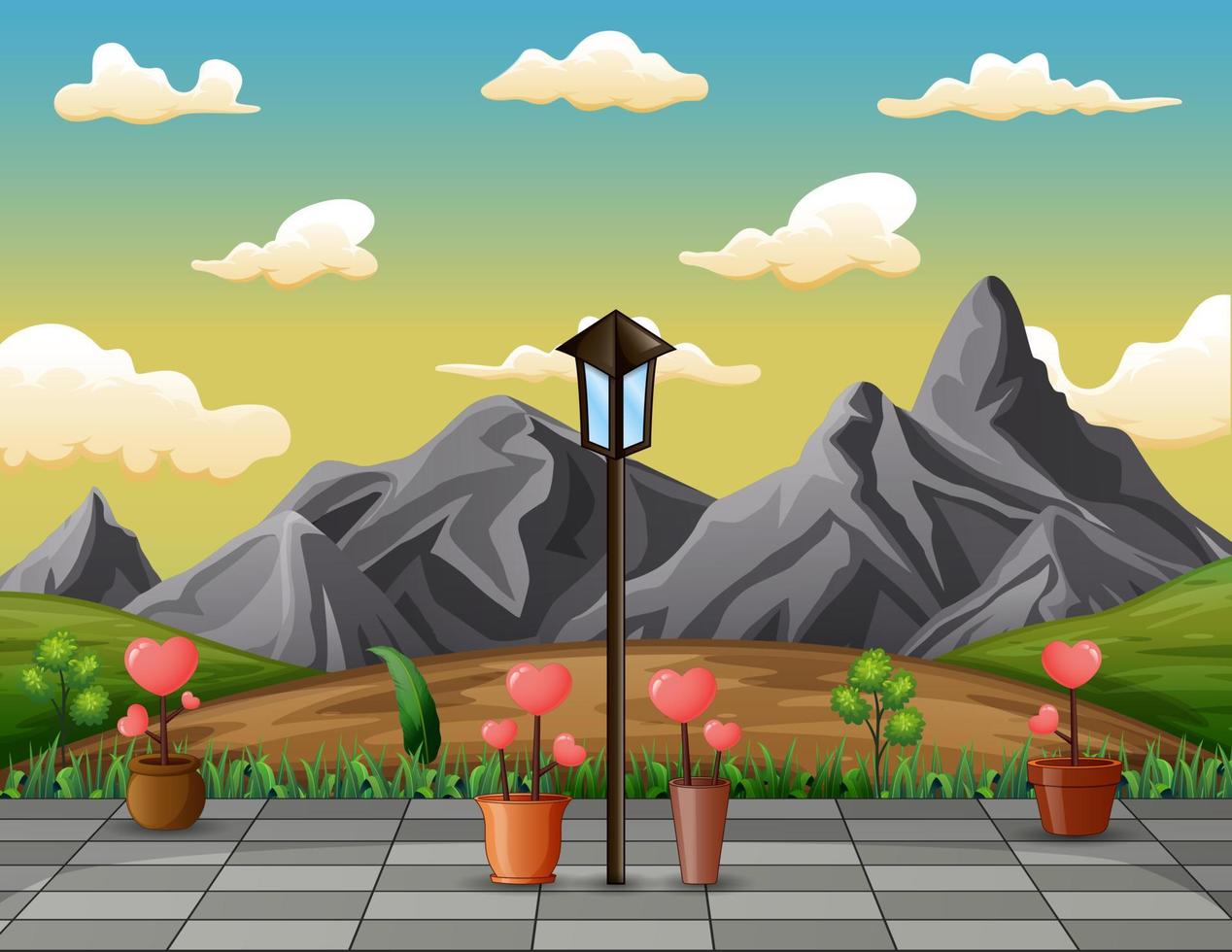 paisaje de montaña printrocky con flores de amor vector