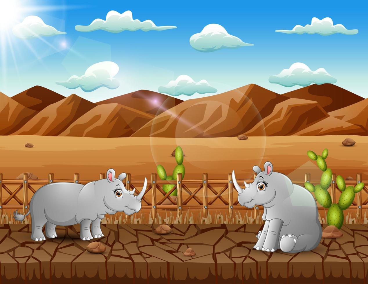 ilustración de dos rinocerontes que viven en la tierra seca vector