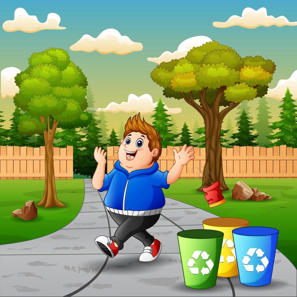 Scene with fat boy throws garbage in the trash vector