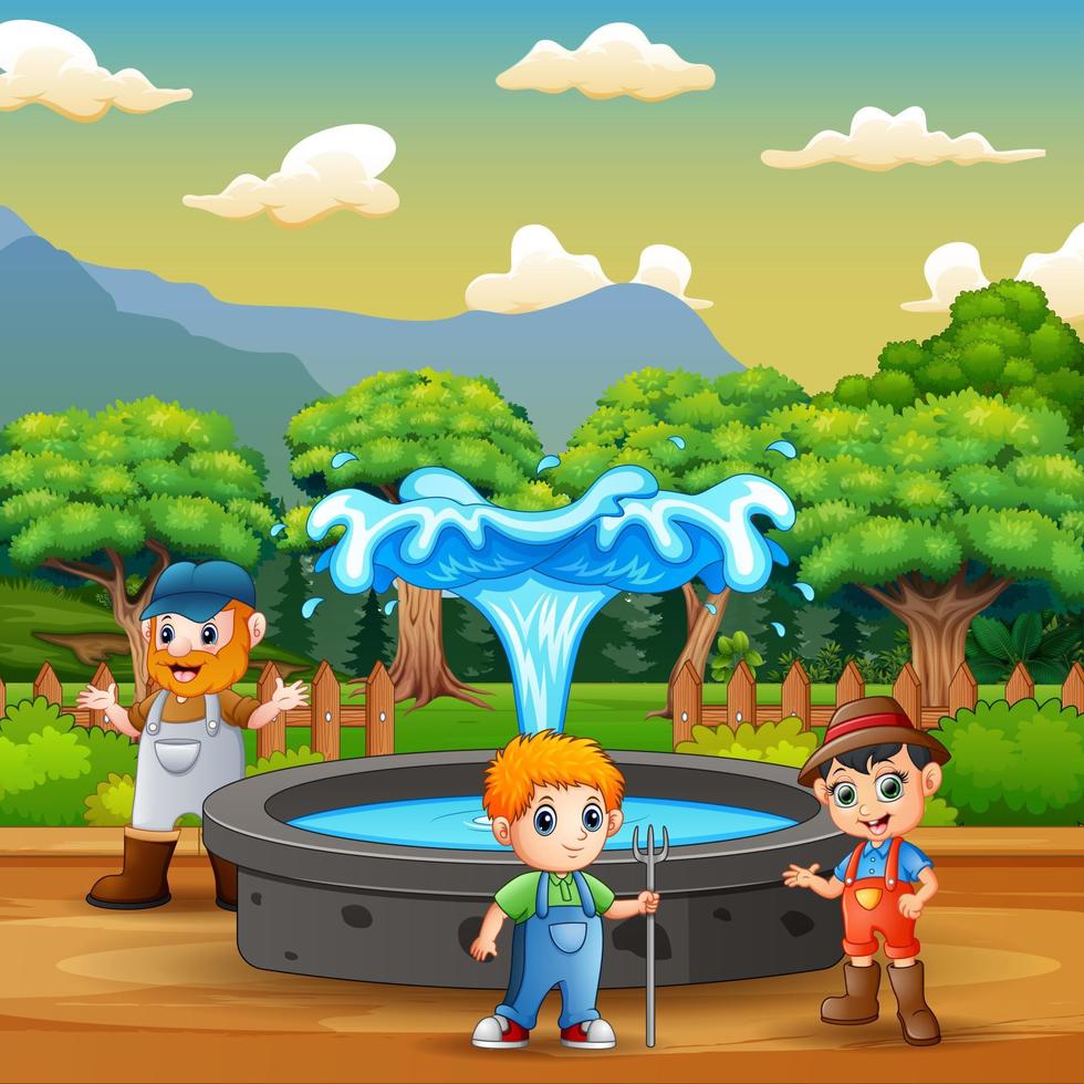 Illustration of the farmers standing near the fountain vector