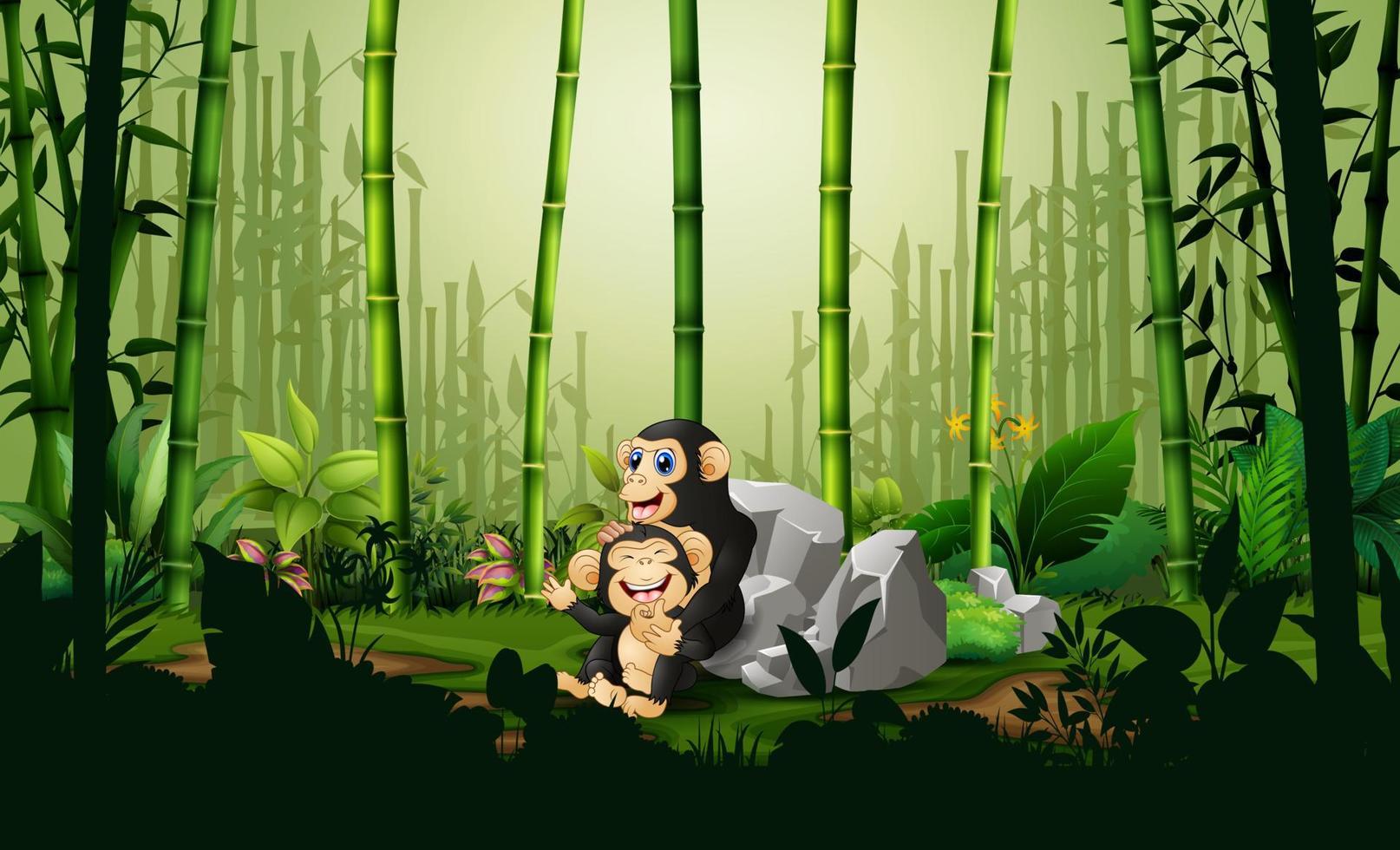 caricatura de un chimpancé con su cachorro en el bosque de bambú vector