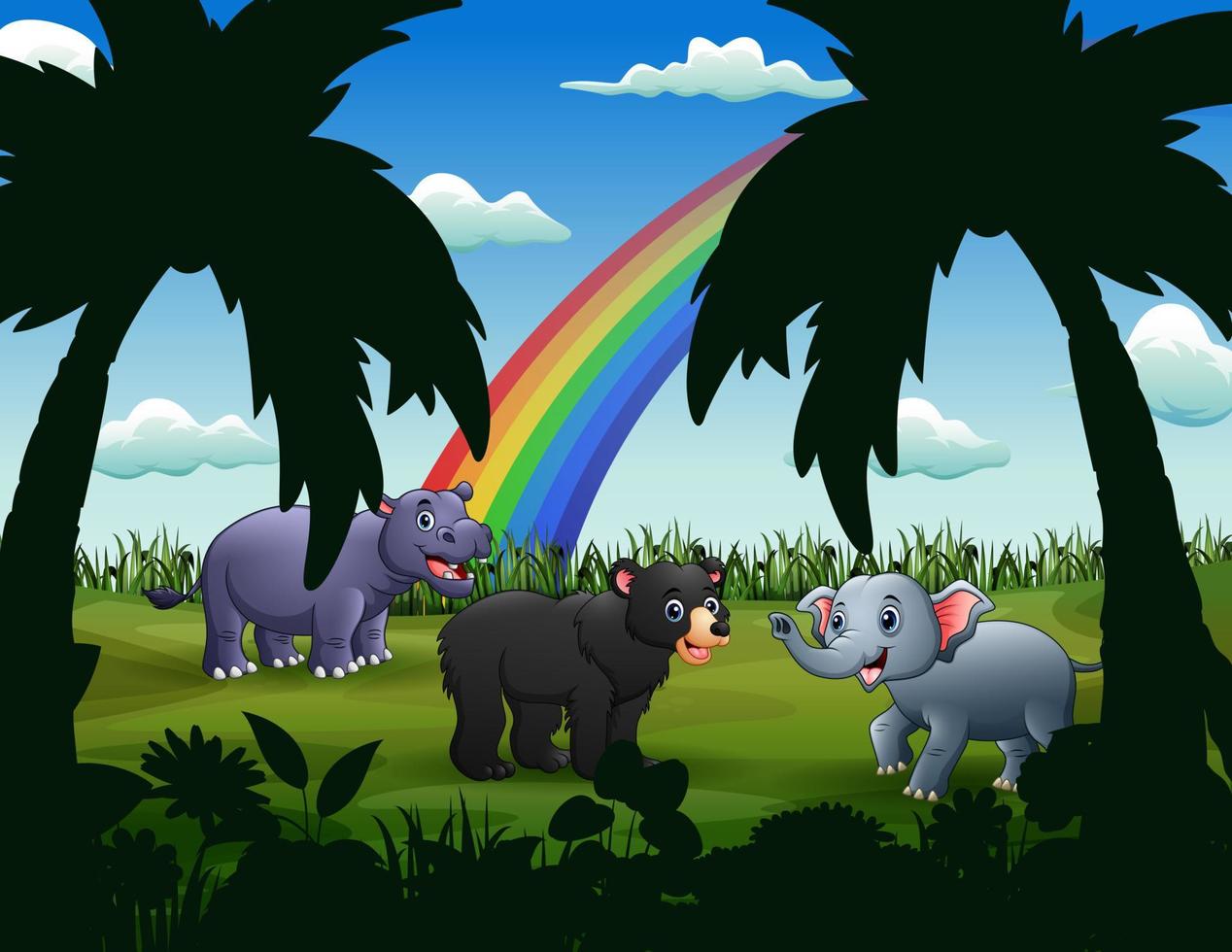 Wild animals playing in the green field vector