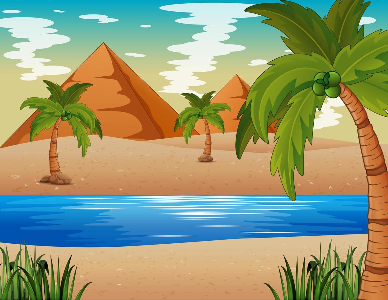 Background of a desert landscape with pyramid and lake vector