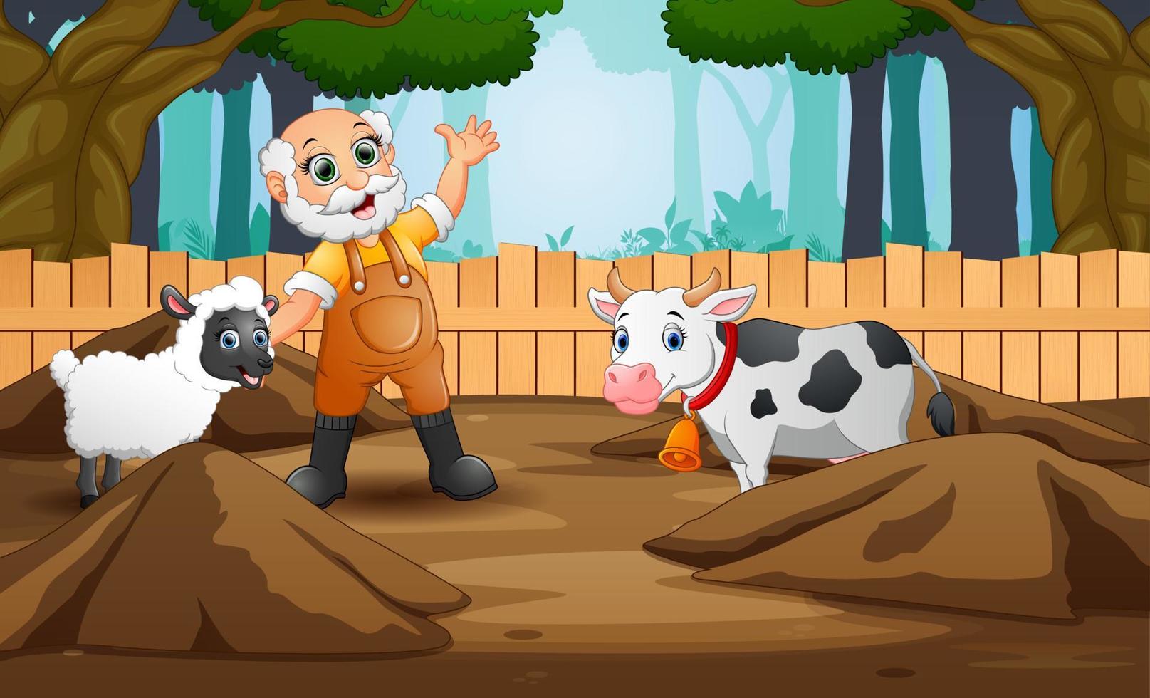viejo granjero de dibujos animados con animales de granja en la granja vector