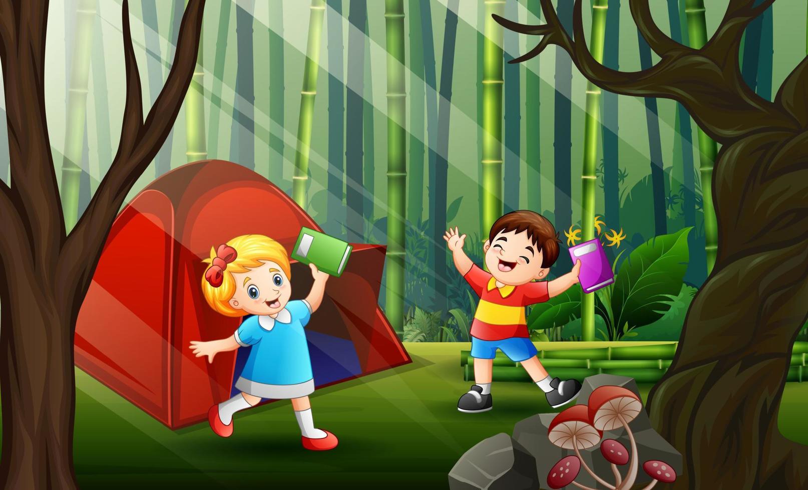 niños felices acampando en la ilustración del bosque vector