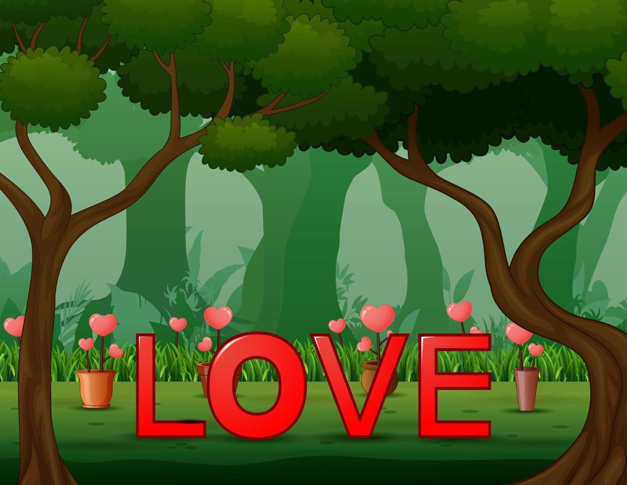 ilustración de la palabra amor roja en el fondo del bosque vector