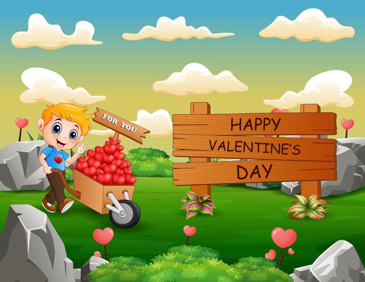 Happy Valentines Day wooden sign with boy pushing a trolley vector