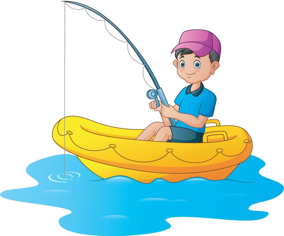 A boy fishing on the inflatable boat vector