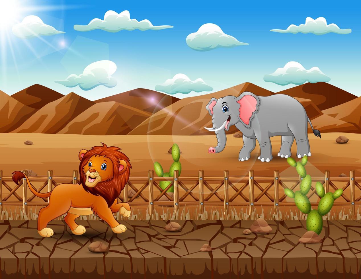 escena con león y elefante en la ilustración de tierra seca vector