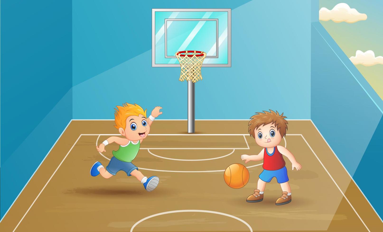 niños jugando baloncesto en la ilustración de la cancha vector