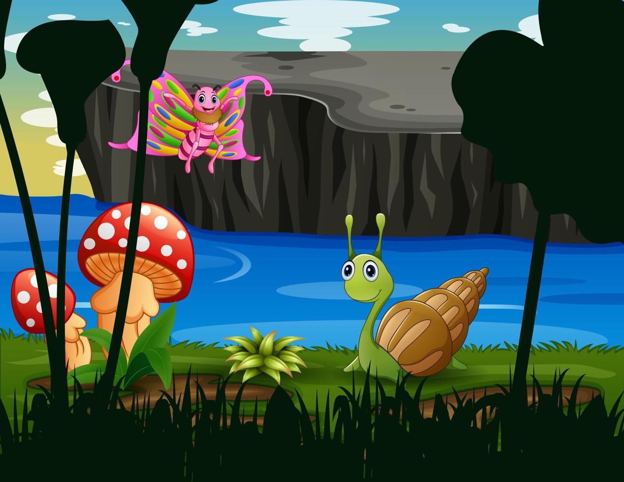 Cartoon a butterfly and snail playing by the river vector