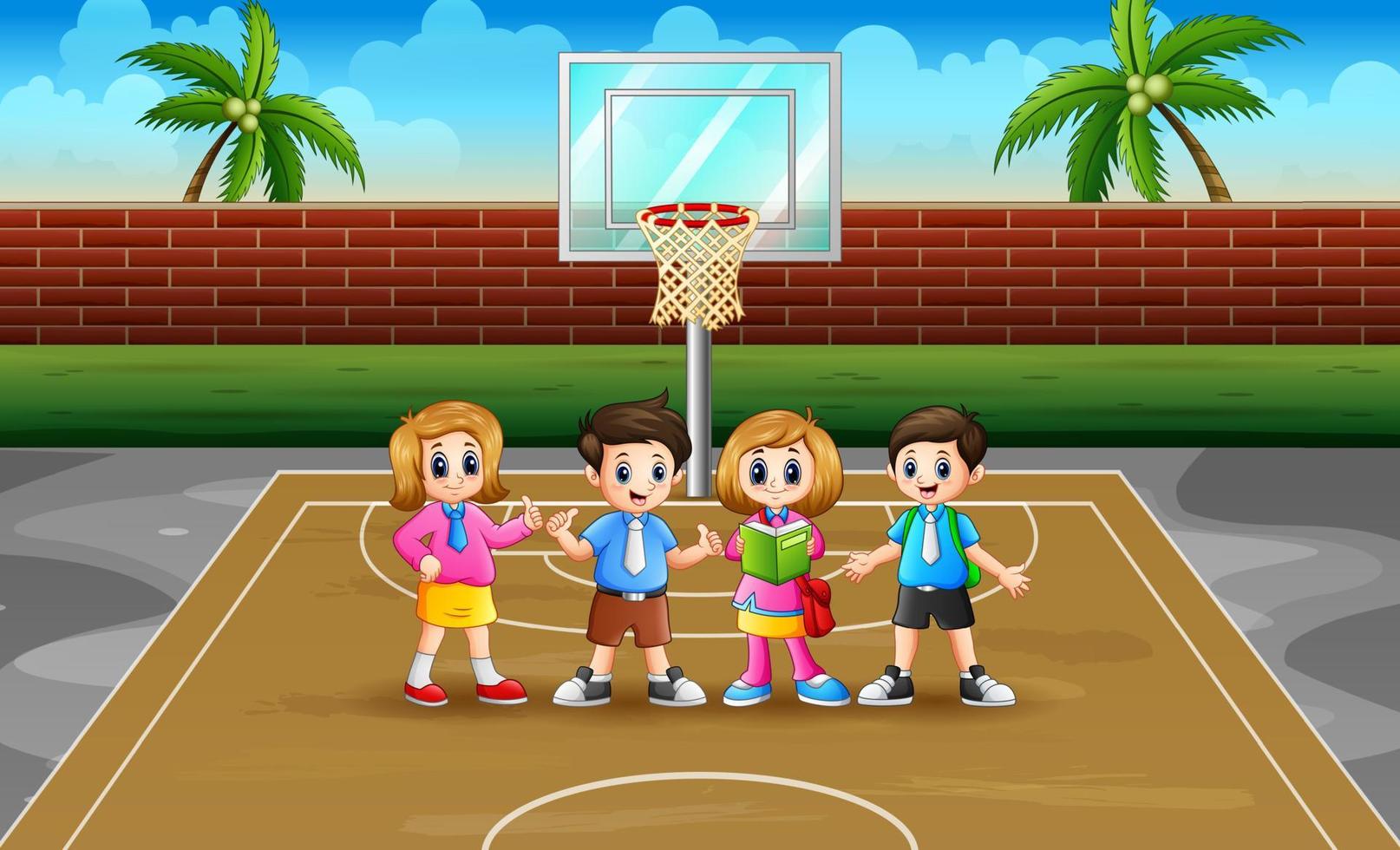 escolares felices en la cancha de baloncesto vector