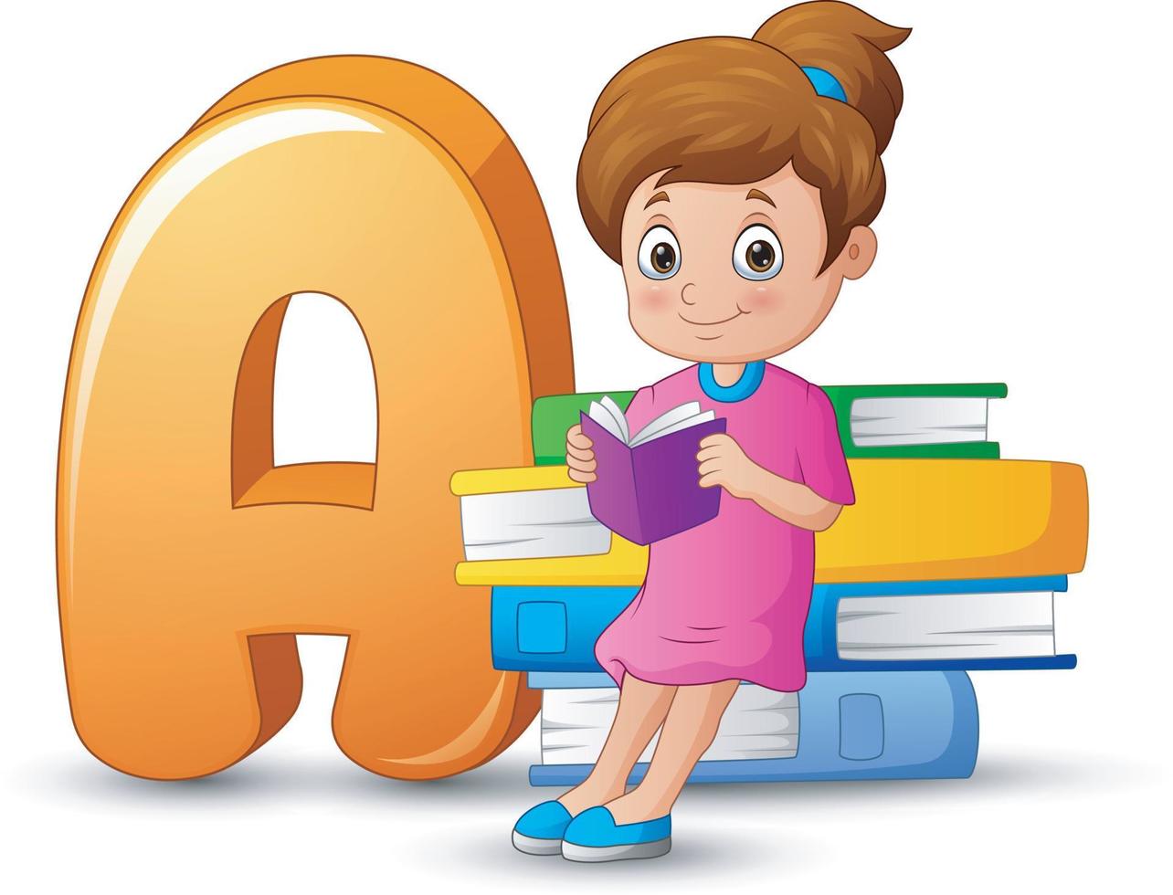 Illustration of alphabet A with a girl leaning against in the pile of books vector