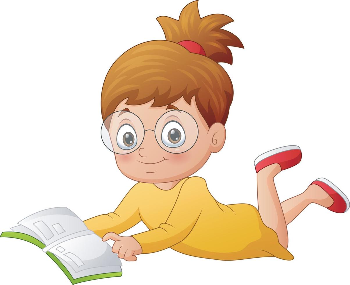 Cartoon girl student laying down and reading a book vector