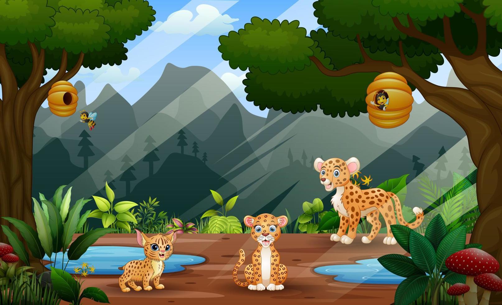 Cartoon illustration of cheetah family in the nature background vector