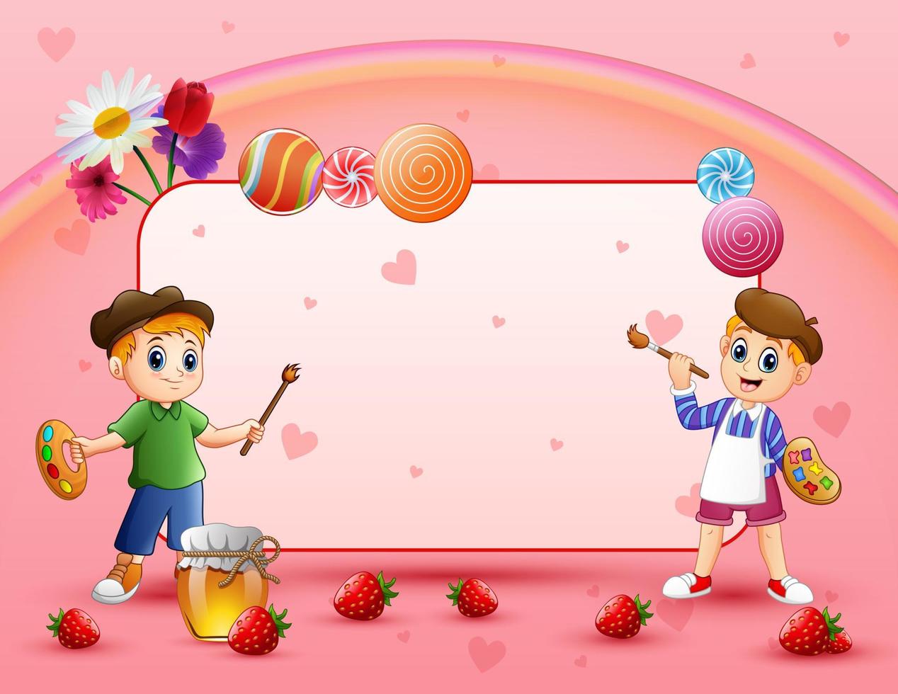 Sweet card with two boy painting and pink background vector