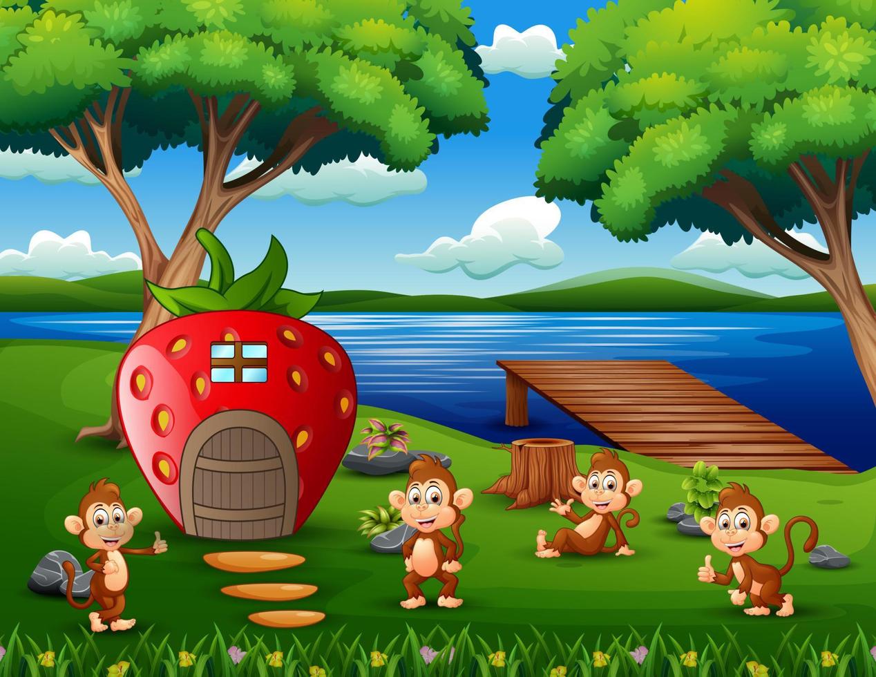 Cartoon some monkeys playing in the strawberry house vector