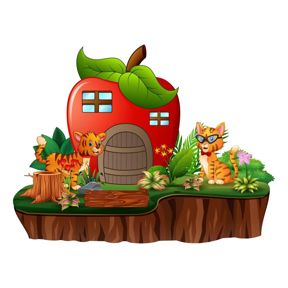 Red apple house with two cats on the island vector