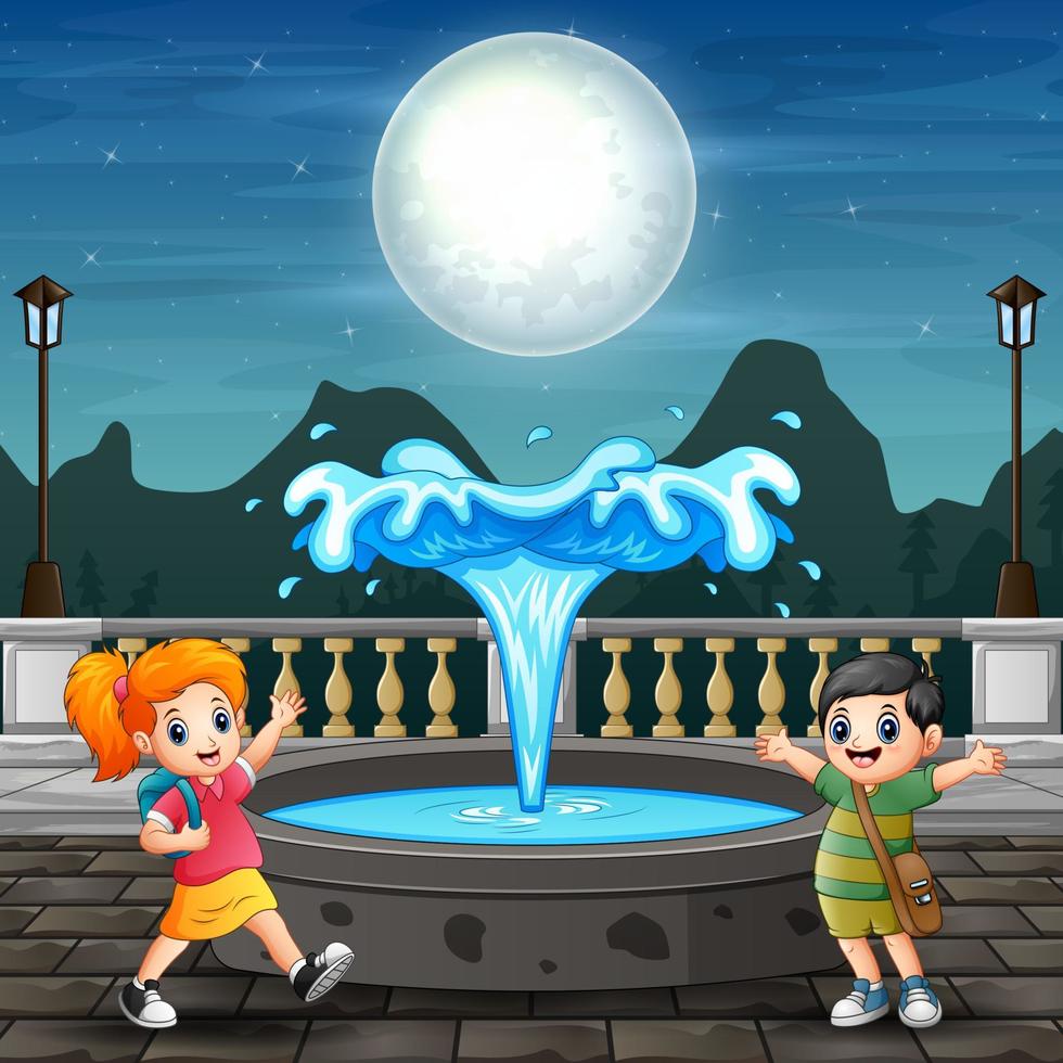 Illustration of kids playing around the fountain vector