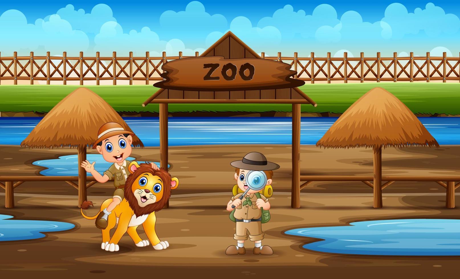 caricatura de los niños guardianes del zoológico con un león en el zoológico vector