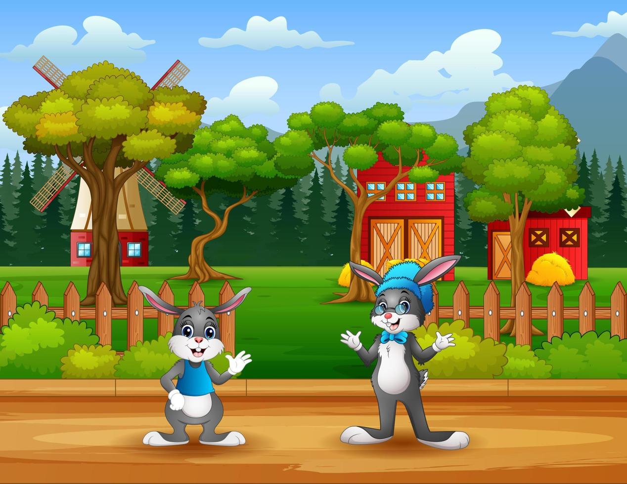 Illustration of the bunnies standing in front the farm vector
