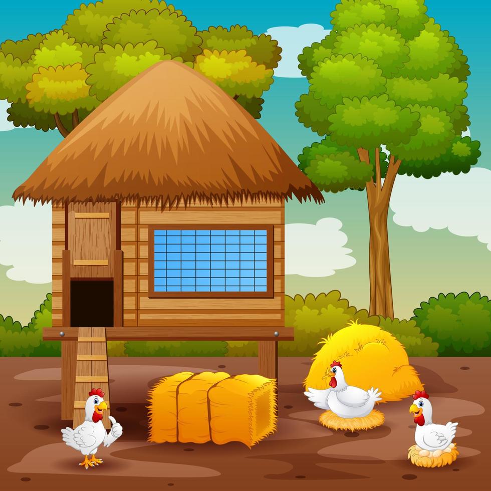 Chickens and chicken coop in the farm vector