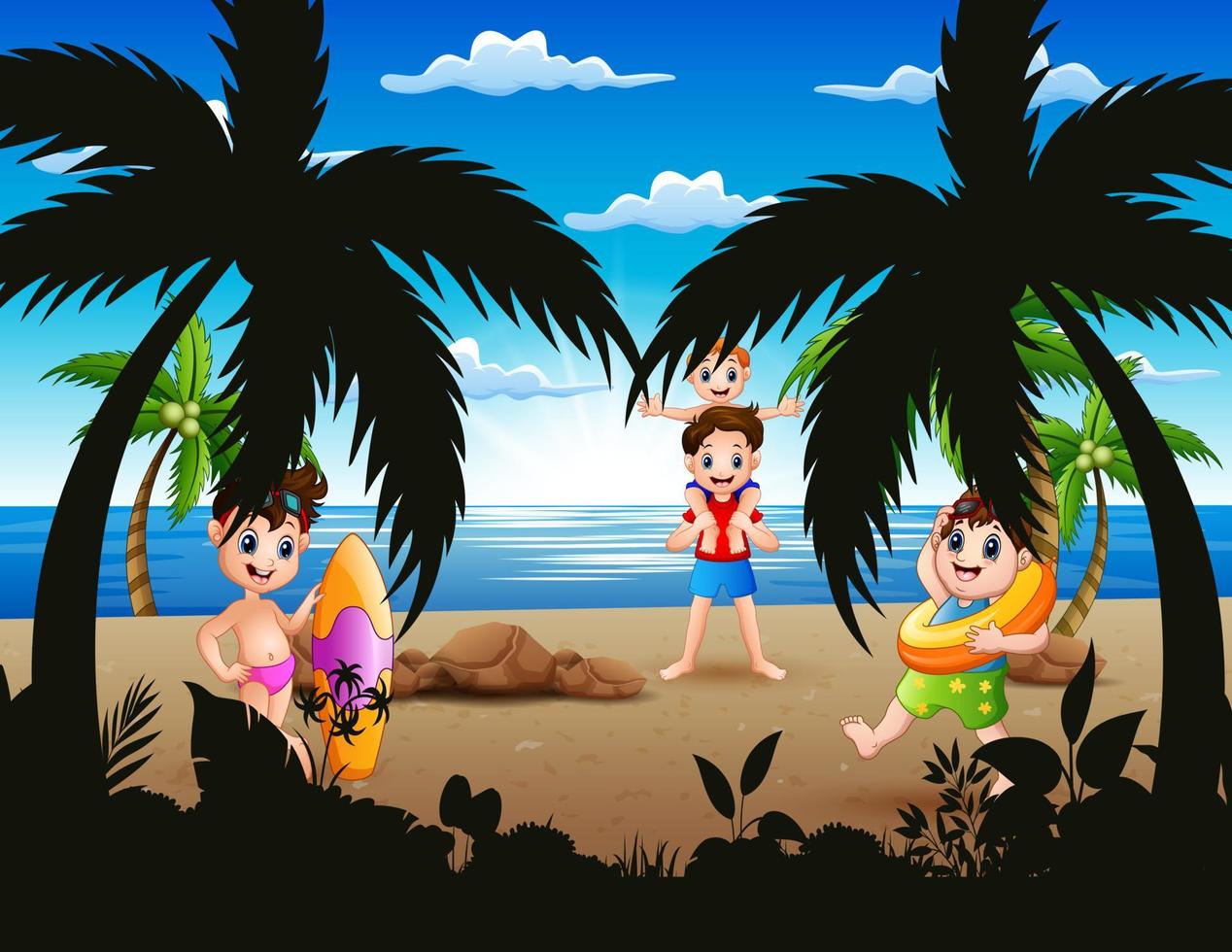 escena con niños jugando en la ilustración de la playa vector