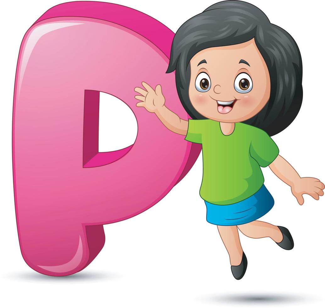 Illustration of alphabet P with happy girl vector