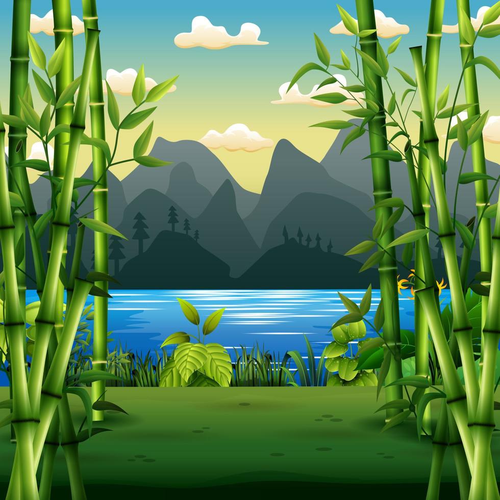 escena de la naturaleza con árboles de bambú junto al río vector