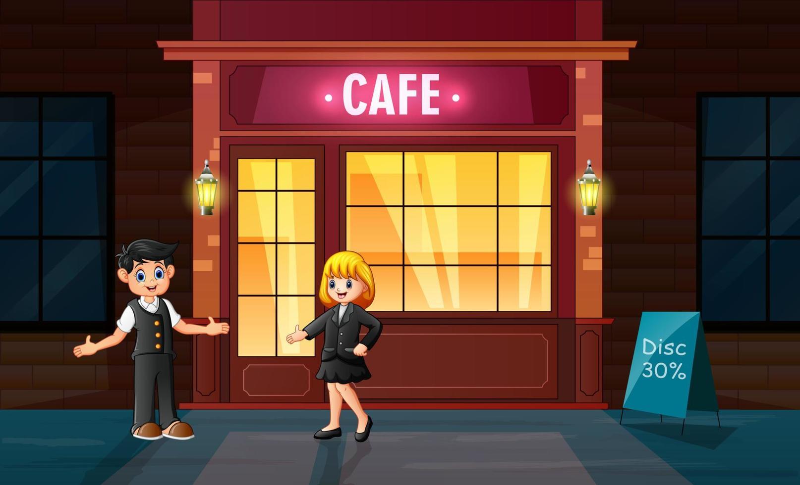 Illustration a man and woman standing in front of the cafe vector