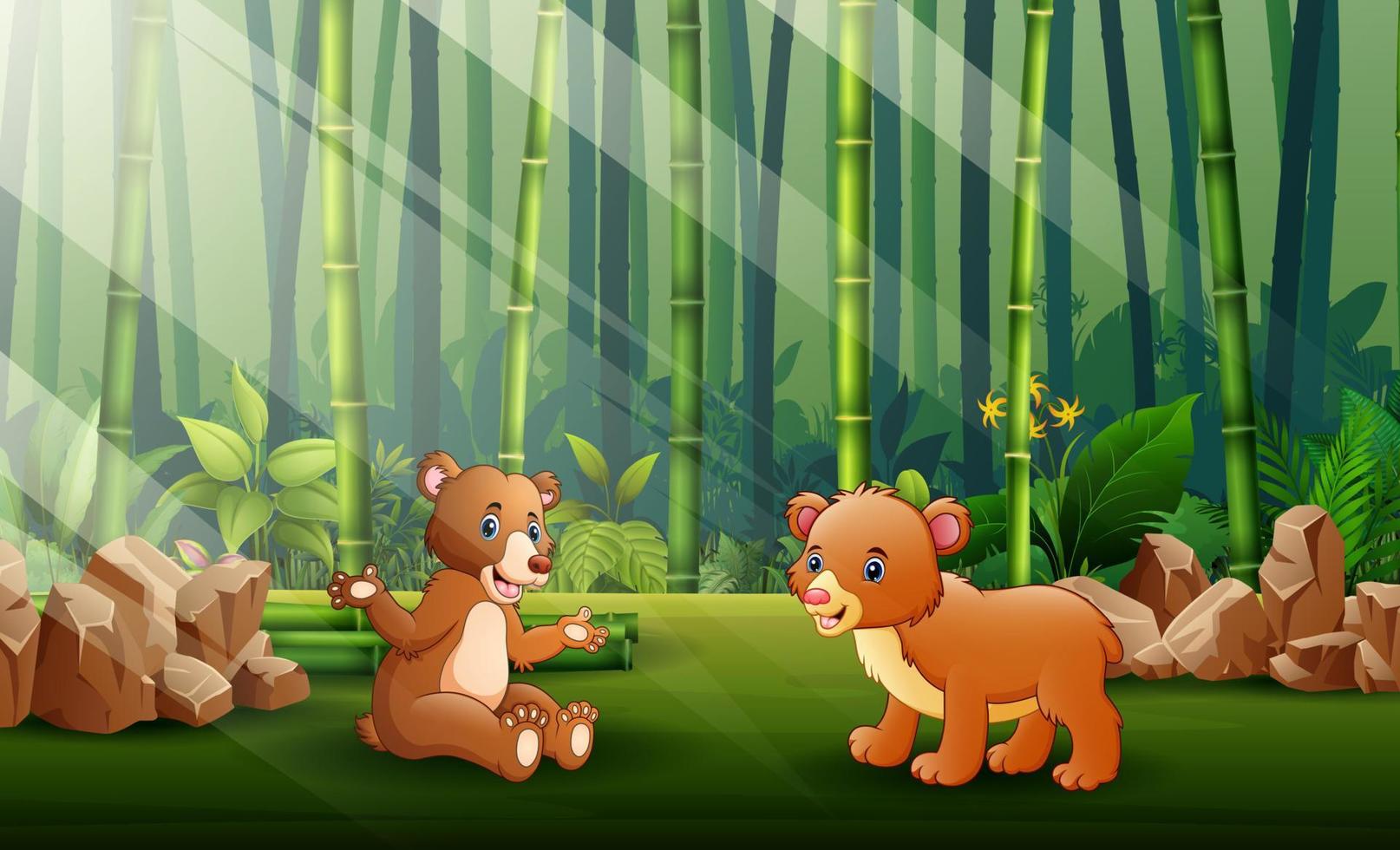 Cartoon of two bears in the bamboo forest background vector