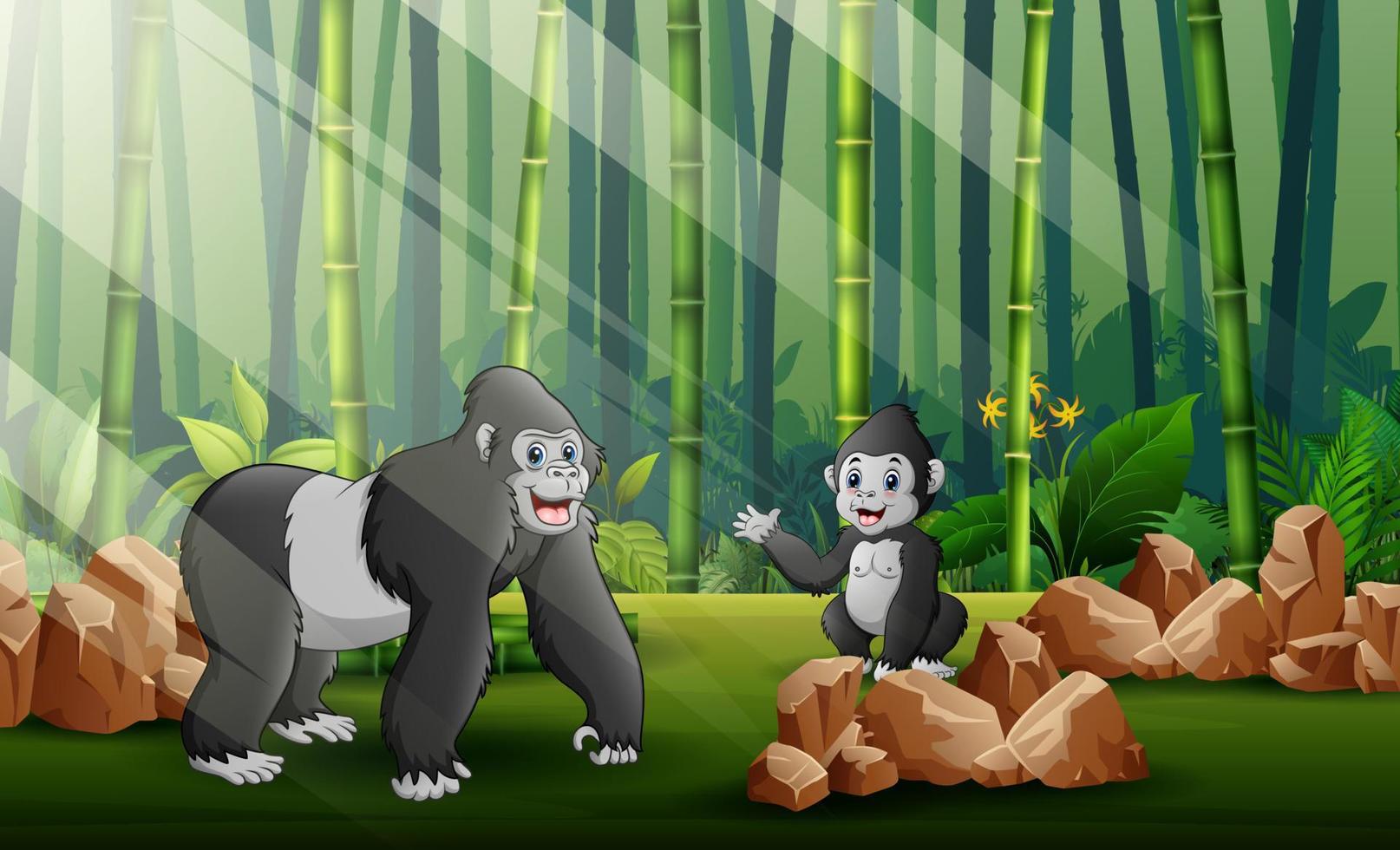 caricatura de un gran gorila con su cachorro en el fondo del bosque vector