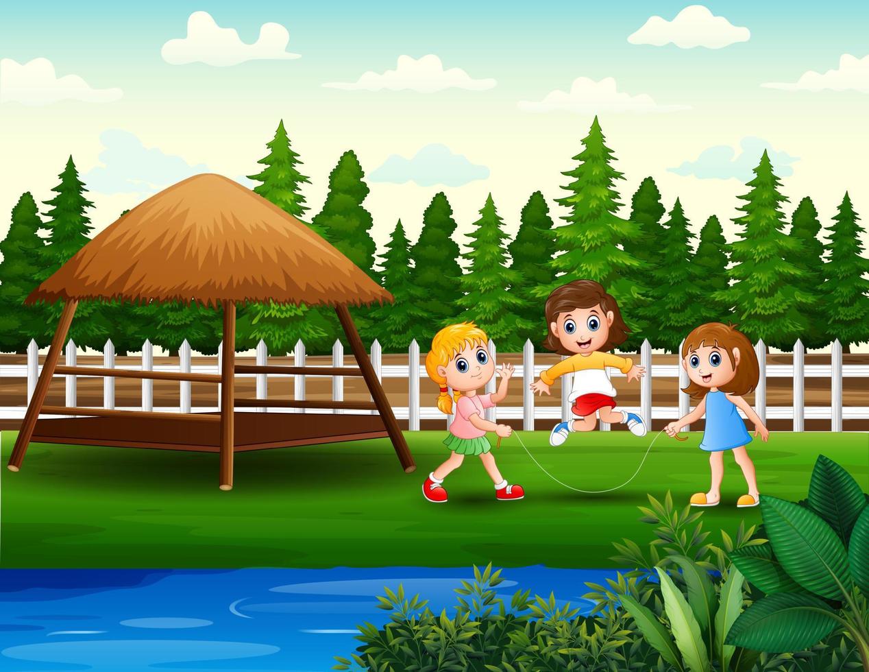 Cheerful the children playing jump rope in the backyard vector