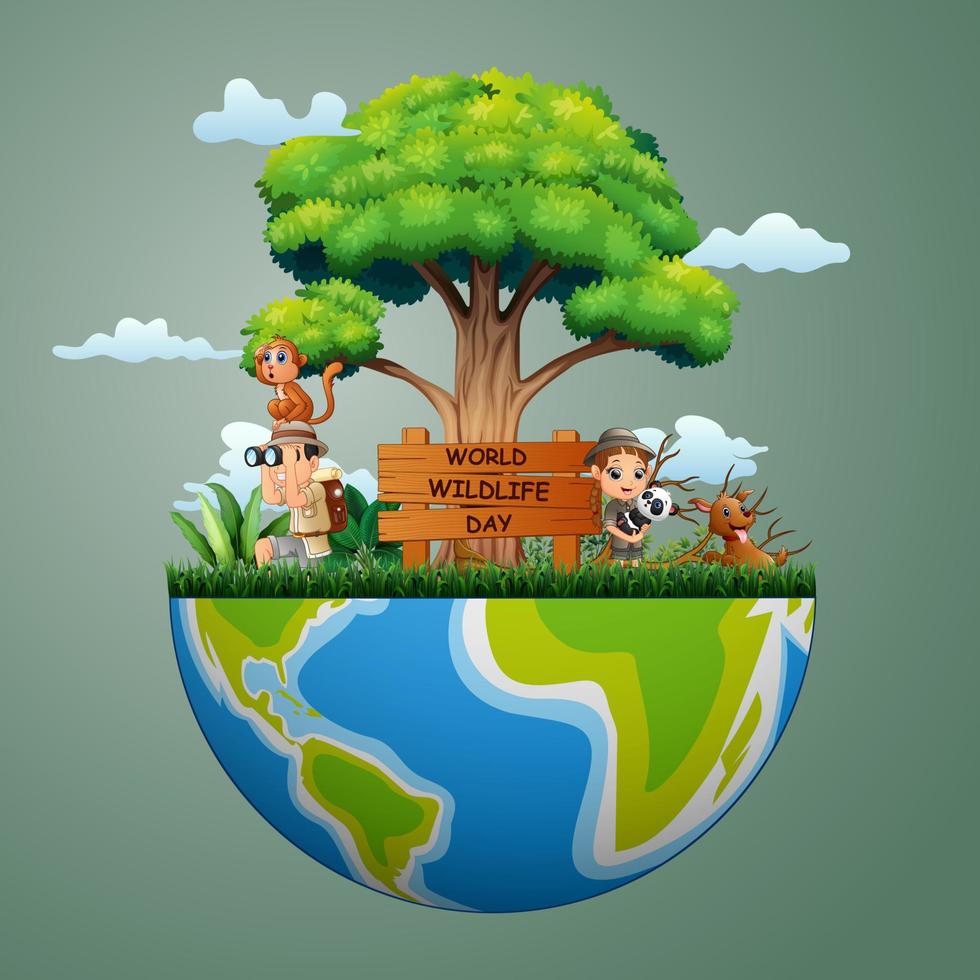 World Wildlife Day sign with the explorer boy and girl vector